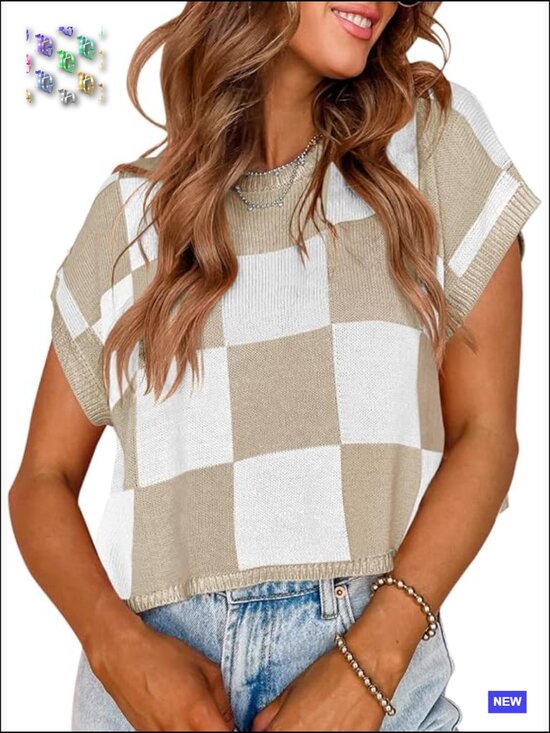 Tops - Cap Sleeve Crop Top Color Block Knit Sweater Trendy Casual Going Out Tee